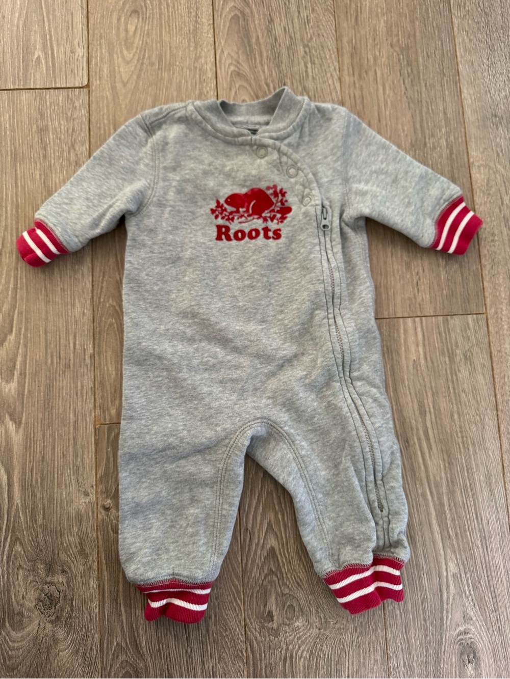 Roots Grey One-Piece Footie with Red Logo and Stripe Cuffs